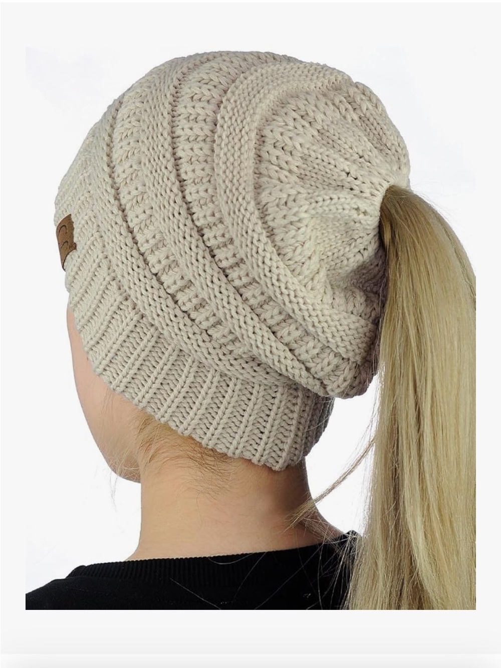 C.C Ribbed Beanie BeanieTail Beige Knit Messy Bun Ponytail Beanie OS